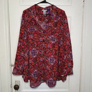 Catherines Top Womens Plus 3XWP Petite Colorfu Printed Button Up Roll Tab Sleeve